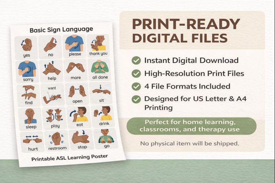 ASL Basic Needs Sign Language Chart, Visual Learning Poster (digital ...