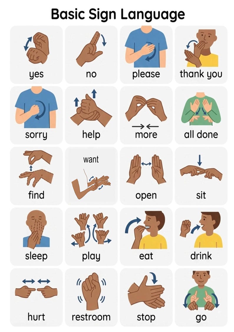 May include: A white chart titled "Basic Need American Sign Language" with illustrations of hand gestures. Each illustration shows a different sign, including "yes," "no," "please," "thank you," "sorry," "help," "more," and "all done."