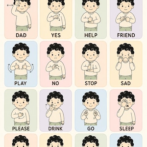 May include: A colorful chart titled "BABY BASIC SIGNS" with illustrations of a child demonstrating sign language for various words like "DAD", "YES", "HELP", and "FRIEND". The chart includes the text "Little hands can make a big difference."