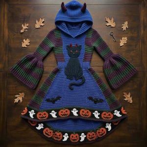 Puede incluir: Un vestido de ganchillo azul con capucha y mangas largas acampanadas con rayas moradas y verdes. El frente muestra un aplique de gato negro con cuernos rojos. El dobladillo tiene un borde negro con motivos de calabazas y fantasmas.