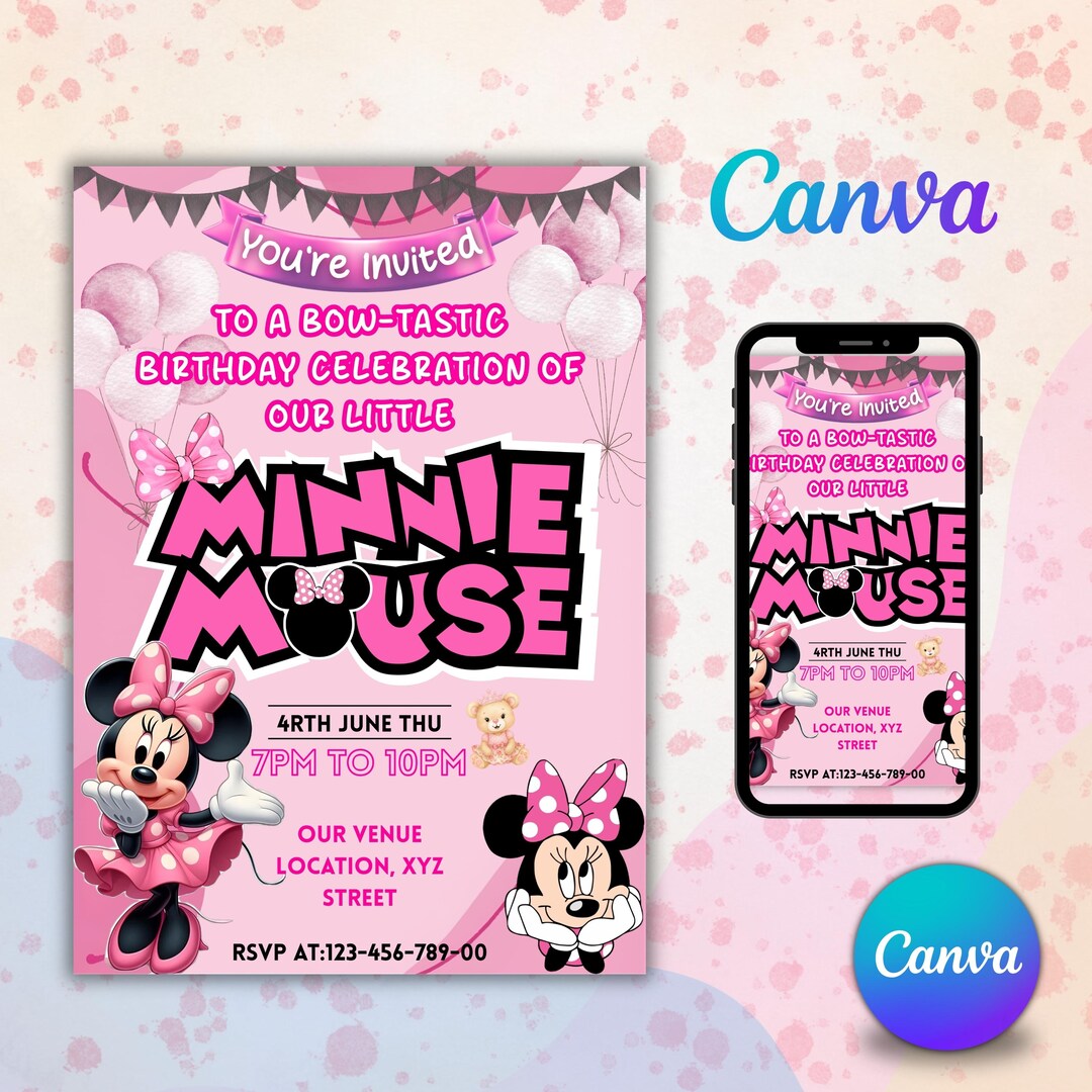 Editable Light Pink Minnie Mouse Birthday Invitation, Watercolor Girls ...