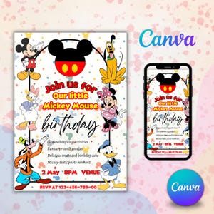 Op de afbeelding: Een verjaardagsuitnodiging met Mickey Mouse en vrienden. De uitnodiging bevat de tekst "Join us for Our little Mickey Mouse birthday" met feestdetails. Het ontwerp bevat tekenfilmfiguren en het Canva-logo.