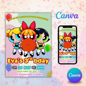 Invitación de cumpleaños de Las Chicas Superpoderosas / Plantilla editable de Canva (Descarga digital)