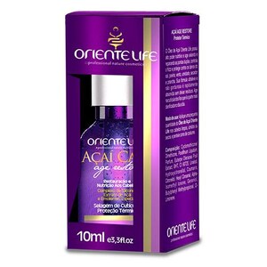 May include: Purple bottle of hair treatment serum with a gold label that says "Açaí Ca age resto". The bottle is labeled "Oriente Life professional nature cosmetics" and contains 10 ml or 3.3 fl oz of product.