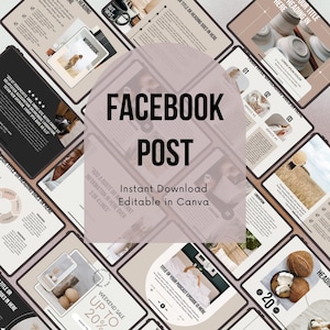 Può includere: Una raccolta di modelli digitali per post di Facebook, con una tavolozza di colori neutri beige, marrone e nero. I modelli includono caselle di testo, immagini e grafica. Il testo sui modelli recita "Post di Facebook", "Download istantaneo", "Modificabile in Canva", "Il nostro titolo di intestazione qui", "Titolo o intestazione qui", "Vendita del fine settimana fino al 20%", "Titolo del tuo episodio di podcast qui", e "Lorem Ipsum Dolor".