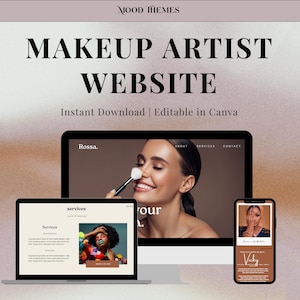May include: A mockup of a website for a makeup artist. The website has a light brown background with a picture of a woman with makeup on. The website has a menu with the words "About", "Services", and "Contact". The website also has a section for services with a picture of a woman with colorful makeup. The website has a section for booking a class. The website also has a mobile version of the website with a picture of a woman with makeup on.