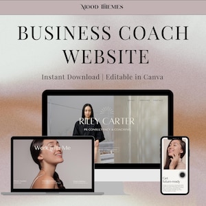 Puede incluir: Una plantilla de sitio web para entrenadores de negocios, con un diseño moderno, un fondo claro y texto negro. La plantilla incluye un encabezado con el texto "RILEY CARTER" y "PR CONSULTANCY & COACHING", una sección para "Trabaja conmigo" y una llamada a la acción para "Prepárate para el futuro".