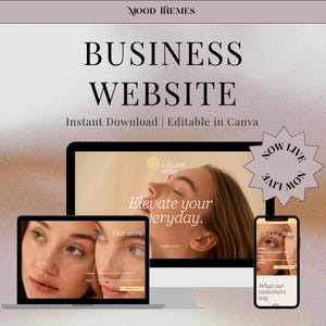 Könnte beinhalten: Ein Mockup eines Website-Designs für ein Unternehmen. Die Website verfügt über einen hellen Hintergrund mit einem Foto eines Frauen Gesichts und dem Text "Elevate your everyday." Die Website enthält auch einen Bereich für "Our store" und einen Bereich für "What our customers say."