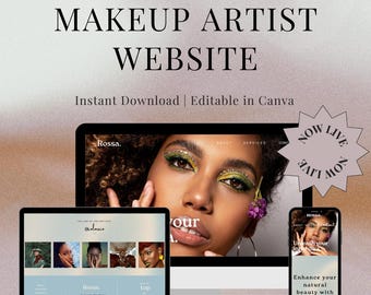Plantilla de sitio web para maquilladores, sitio web para negocios de belleza, portafolio de maquilladores, diseño web en Canva, plantilla de sitio web para salones de belleza, sitio web editable
