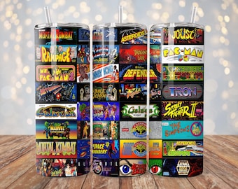 Classic Arcade Marquees Video Game Tumbler Wrap | 20 oz Sublimation PNG | 90s Video Gamer Tumbler Design | Instant Digital Download