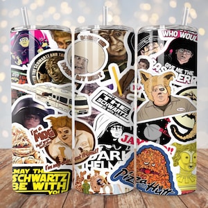 May include: A white tumbler with a variety of colorful stickers featuring characters and phrases from popular movies and TV shows. The stickers include characters from Star Wars, The Princess Bride, and the movie 'The Big Lebowski'.