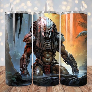 May include: Three stainless steel tumblers with a jungle scene and a Predator character. The Predator is green, black, and red with a camouflage pattern. The tumblers are a great way to enjoy your favorite beverage.