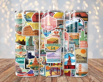 Travel Destinations Tumbler Wrap | 20 oz Sublimation PNG | Traveling Vacation Tumbler Design | Instant Digital Download