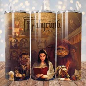 May include: Three stainless steel tumblers with a Labyrinth movie theme. The tumblers feature images of the Goblin King, Sarah Williams, and the Labyrinth title.