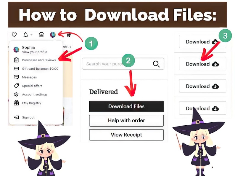 May include: A screenshot of a computer screen showing how to download files on Etsy. The screen shows a menu on the left with options like "View your profile", "Purchases and reviews", "Gift card balance", "Messages", "Special offers", "Account settings", and "Etsy Registry". On the right side of the screen, there is a search bar and a button that says "Download Files". Below the button, there are three buttons that say "Help with order", "View Receipt", and "Download".