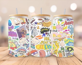 90s 1990s Throwback Cartoons Glass Can Wrap | 16 oz Glass Can PNG | 90s Nostalgia Tumbler Design | Instant Digital Download