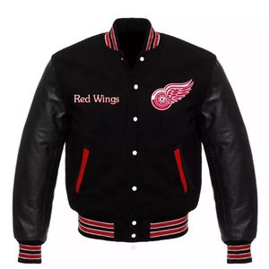 Detroit Red Wings Black Wool & Leather Custom Letterman Vintage Varsity Men&#39;s Jackets, Mens Leather jackets