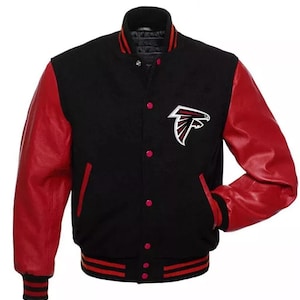 Men Custom Handmade Atlanta Falcons Black Wool and Red Leather Letterman Vintage Varsity Jacket