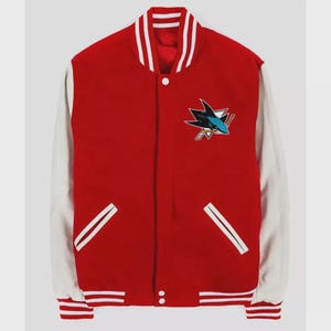Letterman San Jose Sharks Vintage Varsity Jacket s Red Wool White Leather Bomber Jacket College Fashion, Gift Jacket For Mens and Womens