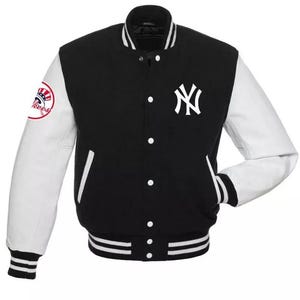 Letterman New York Yankees Handgefertigte Vintage Herren Varsity Jacke aus Schwarzer Wolle und Weißem Leder