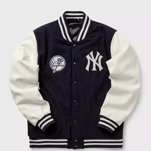 Veste universitaire Letterman pour homme en laine noire et manches en cuir blanches personnalisées faites à la main avec broderie NY Yankees