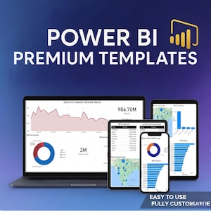 May include: A laptop, two tablets, and a smartphone display data visualizations. The screens show charts, graphs, and tables with financial information. The text on the screen reads "POWER BI PREMIUM TEMPLATES". The image has the text "EASY TO USE FULLY CUSTOMIZABLE".