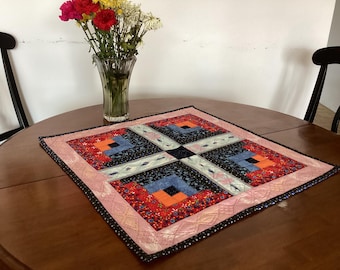 Handmade log cabin table topper quilted by hand