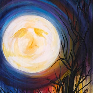 May include: An abstract painting of a full moon with a dark tree silhouette. The moon is a bright yellow-orange, set against a dark blue sky. The panel measures 24" x 43". The background features a rainbow of colors.