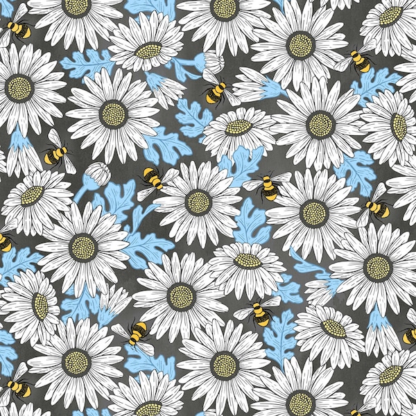 Feed the bees from Queen Bee for Michael Miller Fabrics - Half Yard of White Flowers and Blue Leaves, and  Bees on Charcoal