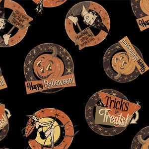 Sale - Retro Halloween from Clothworks - 1/2 Yard Halloween Medallions - Witches, Jack-o-Lanterns, Tricks or Treats - ***1 Yard MAX Cut***