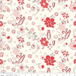 Sale - I love Us Main Cream from Riley Blake Fabrics - 1/2 Yard Red, Pink, Taupe Flowers and Leaves on Cream