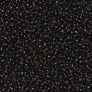 Może przedstawiać: Czarny wzór lastryko z nakrapianym wzorem. Wzór zawiera małe, nieregularne kształty w kolorze białym, pomarańczowym i szarym, rozrzucone na ciemnym tle. Ten wzór nadaje się do różnych zastosowań.