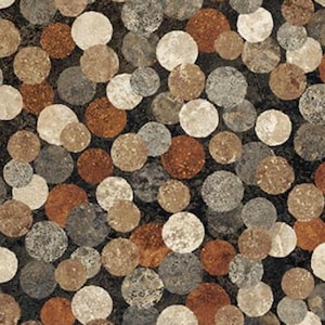 May include: A pattern of overlapping circles in various shades of brown, tan, gray, and cream. Each circle features a textured, stone-like appearance with mottled color variations, set against a dark, nearly black background filling the gaps.