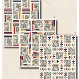 May include: Three quilt patterns labeled A, B, and C, featuring a variety of designs. The quilts incorporate a central repeating pattern with a vintage aesthetic, complemented by stripes and triangles in red, blue, and yellow. The text "Reminiscence" is displayed.