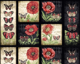 Harlequin Poppies for Wilmington Prints - 24&quot; panel - Butterflies and Poppies