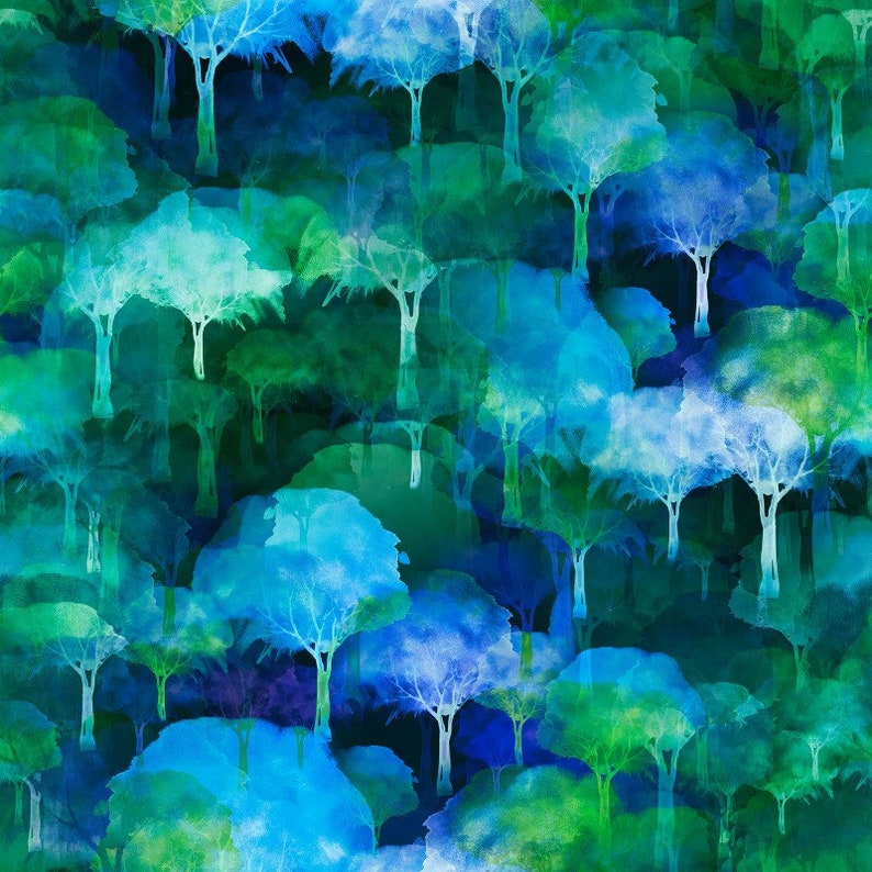 May include: Watercolor painting of a forest scene with overlapping trees in shades of blue and green. The trees have white trunks and leafy canopies, creating a layered effect. The overall theme is nature and landscape.