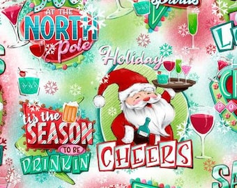Holiday Spirits from 3Wishes by Courtney Morgenstern - Half Yard North Pole Lounge Vintage Santas and Christmas Signage on Green