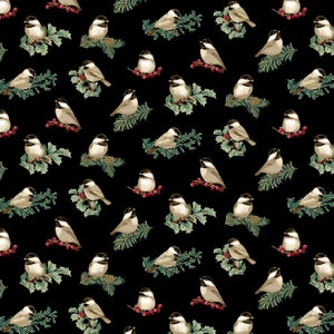 Sale - Winter Elegance from Benartex - 1/2 Yard Chickadees on Black with Gold Metallic