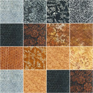 May include: A grid of sixteen fabric swatches featuring diverse patterns including geometric circles, intricate floral motifs, abstract triangular shapes, and paisley designs in a color palette of blue, black, brown, orange, and cream tones.