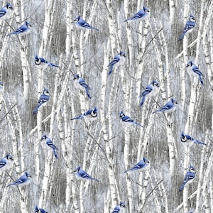 Winter Hike from Timeless Treasures - Half Yard of Blue Winter Blue Bird - Bluejays in Birch Trees