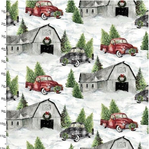 Wyprzedaż 25% zniżki - Marzenie o wiejskim Bożym Narodzeniu od 3 Wishes Fabrics - 1/2 jarda Zimowe stodoły, czerwone i czarne ciężarówki, drzewa, śnieżny krajobraz