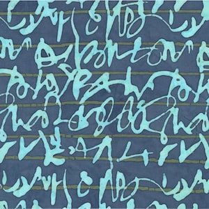 May include: Abstract textile pattern featuring teal script-like shapes over a navy blue background. Thin, horizontal olive-green stripes add a subtle layer. The design has a hand-painted aesthetic, creating a unique visual texture.