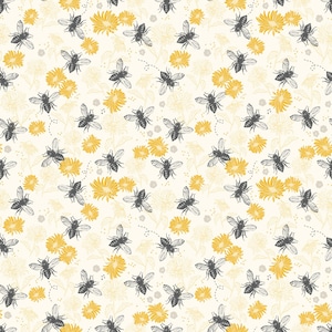 Sale - Honey Bee from Riley Blake - 1/2 Yard Honey Bee Floral Parchment - Bees and Flowers on Cream