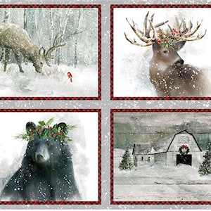 セール 25% オフ - 3 Wishes Fabrics の Dreaming of a Farmhouse Christmas - 1 ヤードパネル 納屋、ヘラジカ、クロクマ、シカ