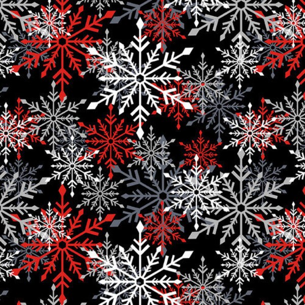 It's Snow Wonder from Blank Quilting - 1/2 Yard Red, White, Gray Snowflakes on Black - Christmas, Winter