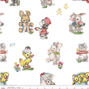 セール 25% オフ - ライリーブレイクファブリックスのイースターパレード - 1/2ヤード イースターメイン（白） - イースターバニー、子犬、ひよこ
