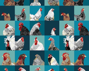 Zooming Chickens from Studio E - 1/2 Yard Modern Chickens 4” Blocks - Chicken Fabric