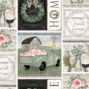 May include: A collage of images with a farmhouse theme. It features a green pickup truck filled with pink flowers, floral wreaths, and decorative vases. The words "Sweet Home" and "Cottage Sweet Cottage" are displayed on wooden signs.