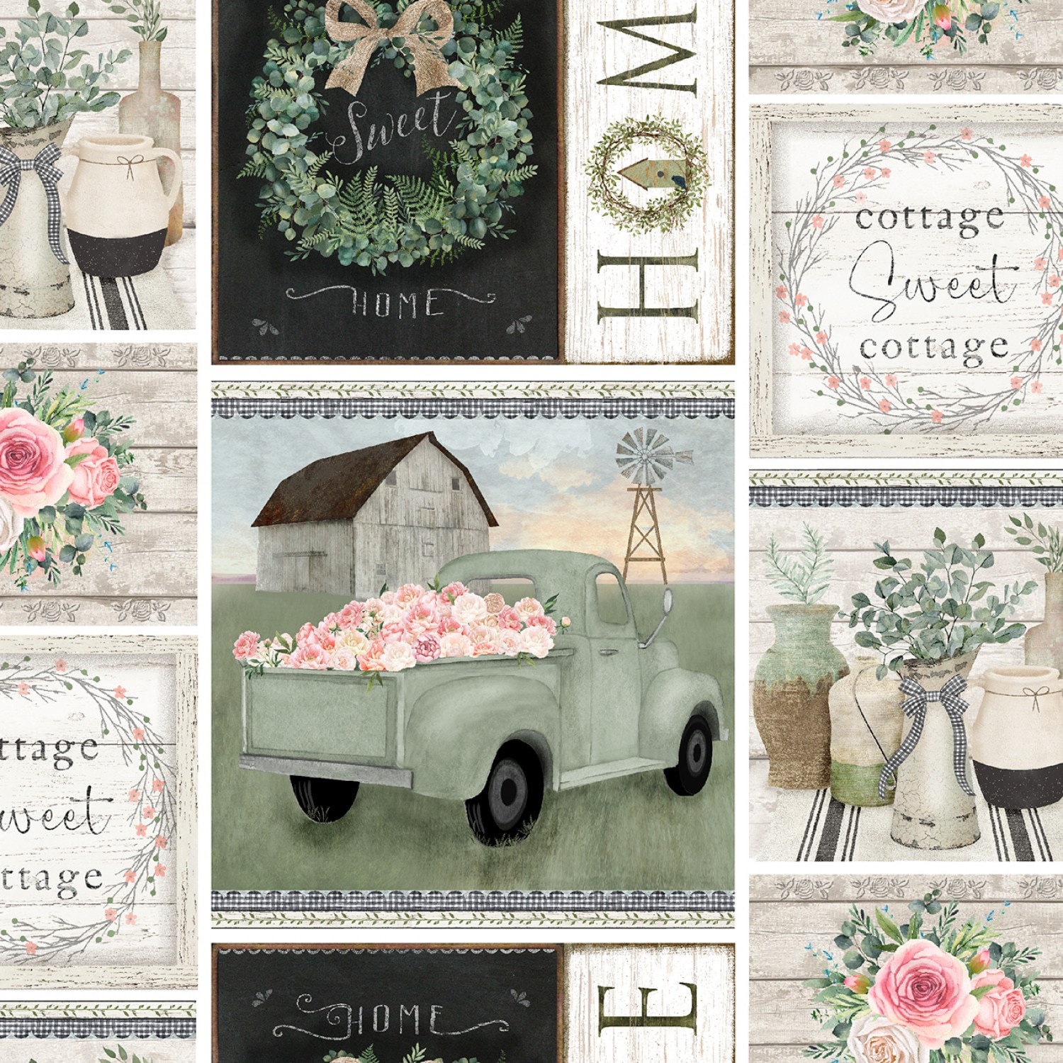 Sale - White Cottage Farm from 3 Wishes - 1/2 Yard Farmhouse Patch - Country Trucks, Cottage Sweet Cottage, Home