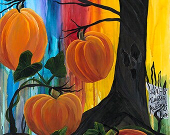 Carving Pumpkins from Northcott - 24" panel of Pumpkins and Gnarled Tree on Dark Multi Color Back